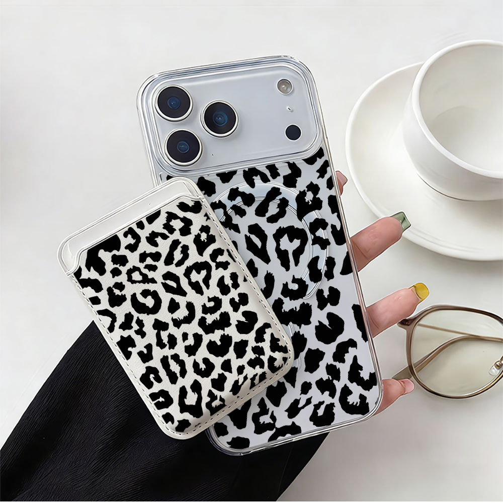 Phone Cases With Card Holder - Czarny wzór w panterkę, etui na